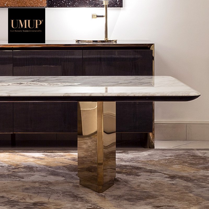 Rectangular gold 8 Seater Metal Stone Italian Modern Dinning Tables Luxury Marble Dining Tables