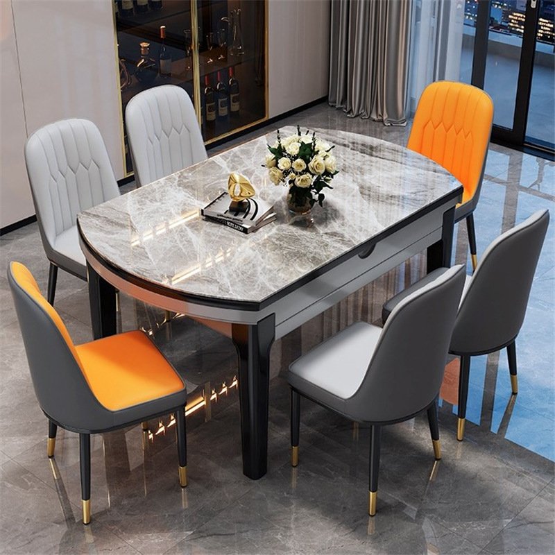 Modern Minimalist Home Furniture Dining Room Set 6 Seater Square And Round Dual-use Extendable Rock Plate Dining Table