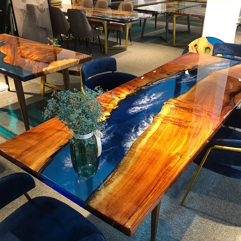 Luxury River Ocean Epoxy 8 Seater Modern Sea Design Set Resin Top Solid Custom Wooden Slab Dining Table With Epoxy Combination