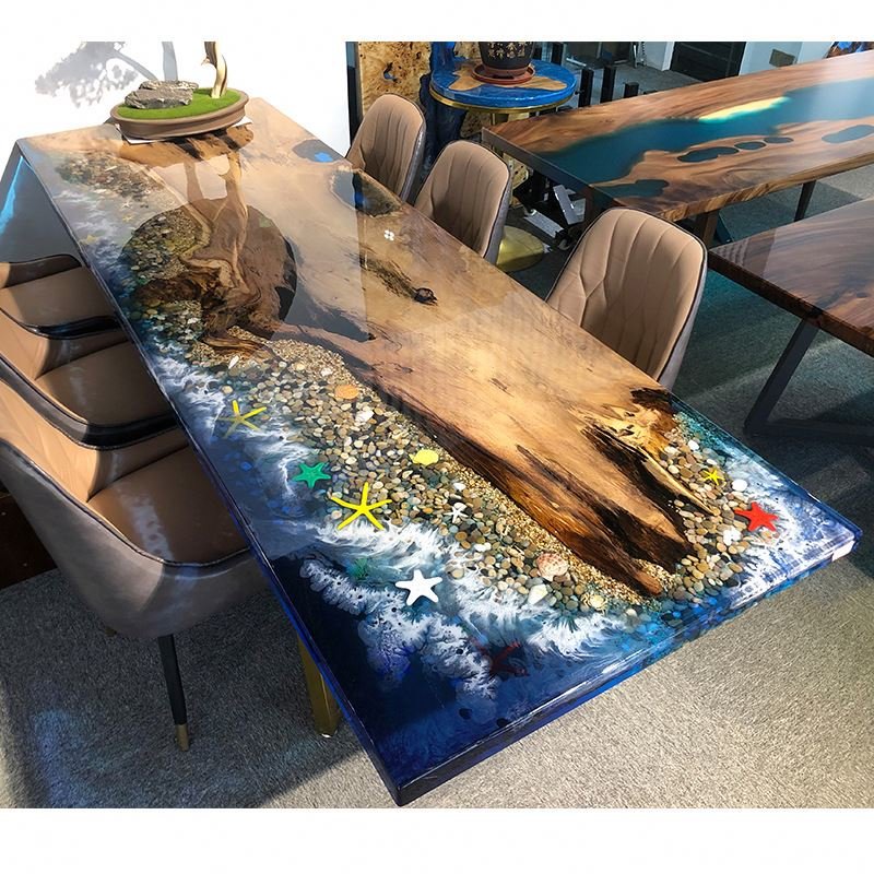 Luxury River Ocean Epoxy 8 Seater Modern Sea Design Set Resin Top Solid Custom Wooden Slab Dining Table With Epoxy Combination