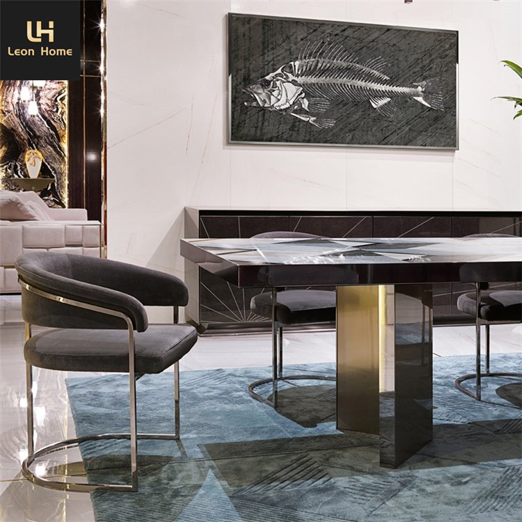 Italian style marble top high gloss root base modern luxury dining table sets furniture 6 seater