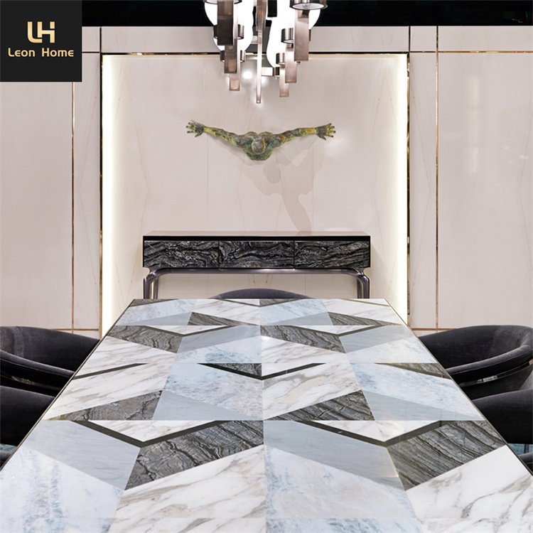 Italian style marble top high gloss root base modern luxury dining table sets furniture 6 seater