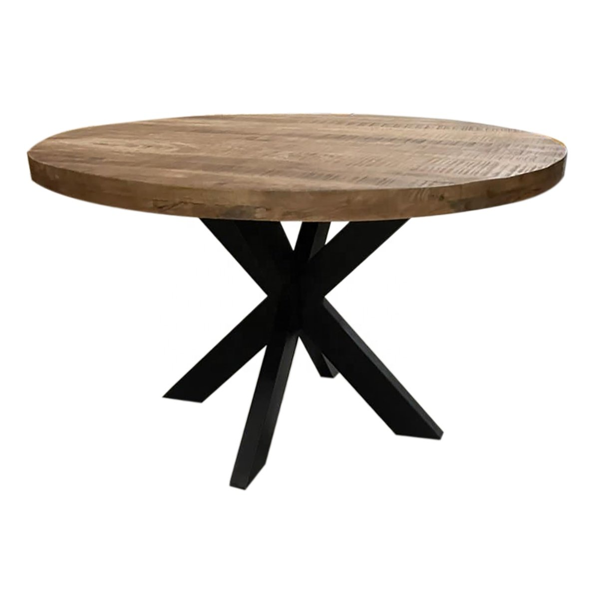2024 Modern Industrial Style Dining Table Set Matte Finished Solid Mango Wood round Table Steel Metal Vintage Industrial Design