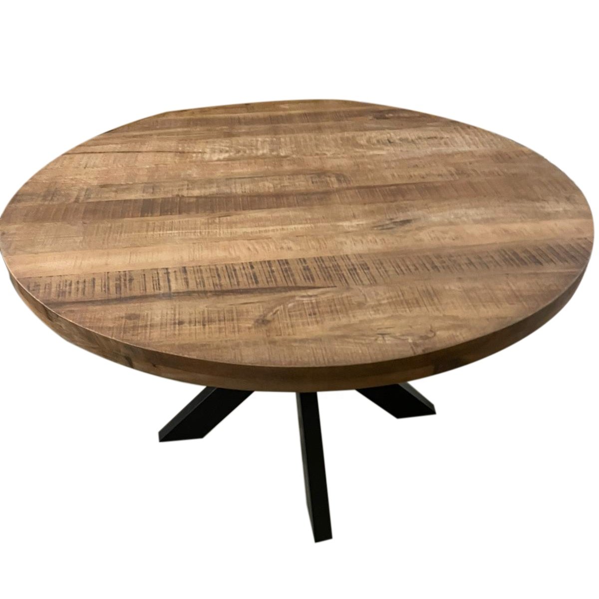 2024 Modern Industrial Style Dining Table Set Matte Finished Solid Mango Wood round Table Steel Metal Vintage Industrial Design