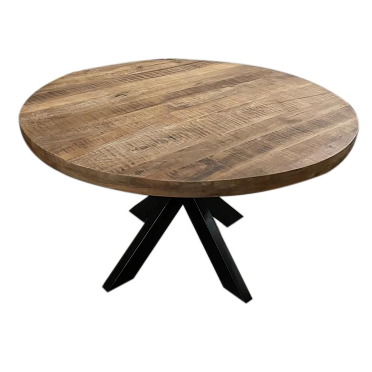 2024 Modern Industrial Style Dining Table Set Matte Finished Solid Mango Wood round Table Steel Metal Vintage Industrial Design