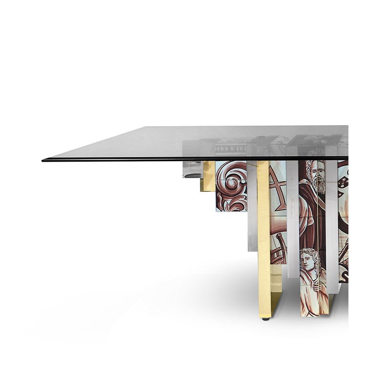 Modern luxury style painted tiles brass base tempered glass dining table