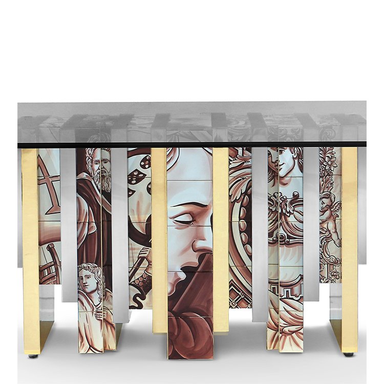 Modern luxury style painted tiles brass base tempered glass dining table