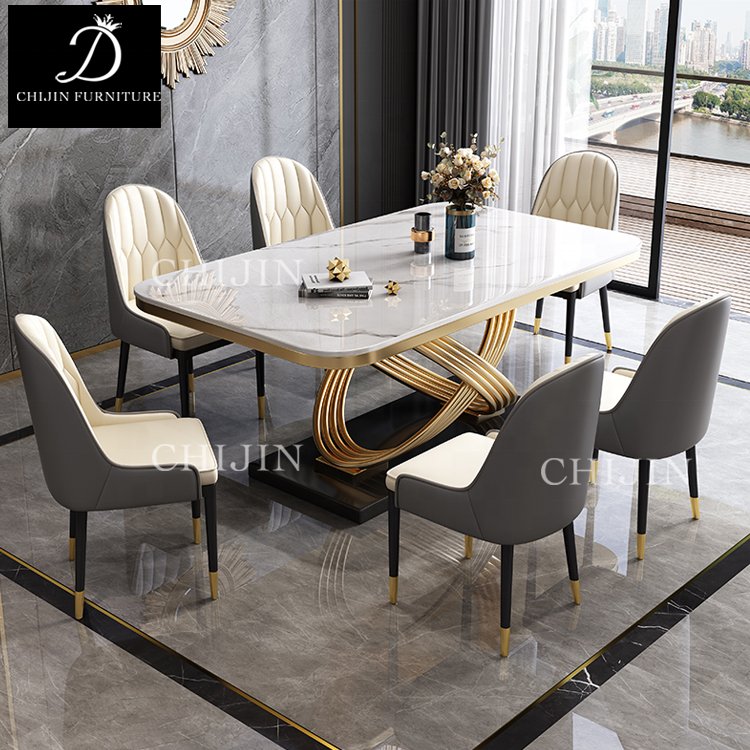 Luxury Marble Stainless Steel Base Long Dining Table and Chairs 6 Piece Modern Kitchen Dining Table Set