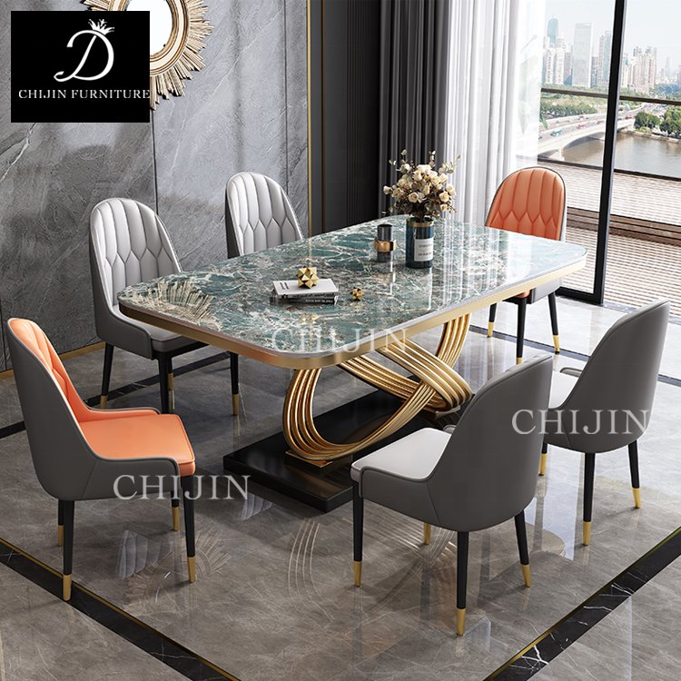 Luxury Marble Stainless Steel Base Long Dining Table and Chairs 6 Piece Modern Kitchen Dining Table Set