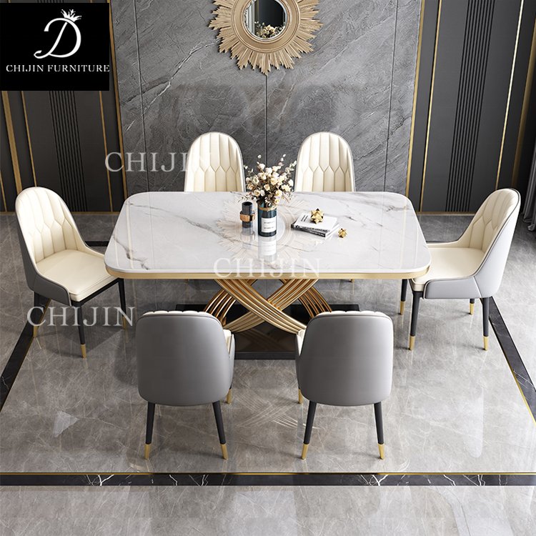 Luxury Marble Stainless Steel Base Long Dining Table and Chairs 6 Piece Modern Kitchen Dining Table Set