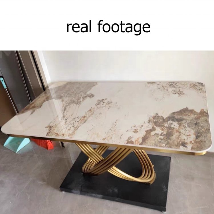 Luxury Marble Stainless Steel Base Long Dining Table and Chairs 6 Piece Modern Kitchen Dining Table Set