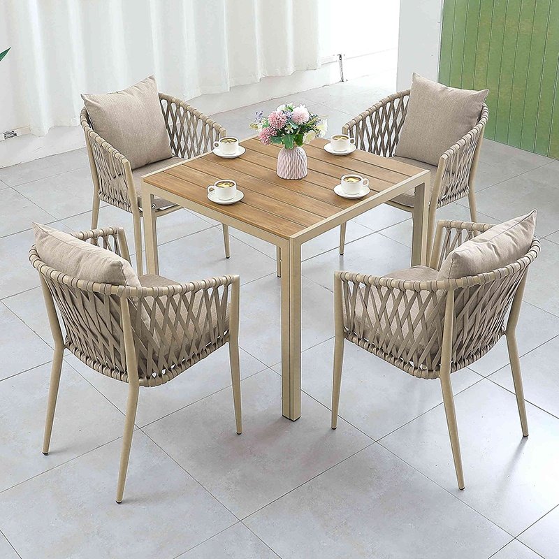 Luxury Modern Patio Cafe 5 Piece Dining Set Furniture Outdoor Garden Aluminum Rope Square Table and 4 Seater Chairs