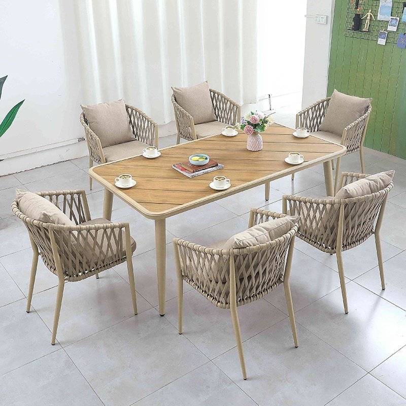 Luxury Modern Patio Cafe 5 Piece Dining Set Furniture Outdoor Garden Aluminum Rope Square Table and 4 Seater Chairs