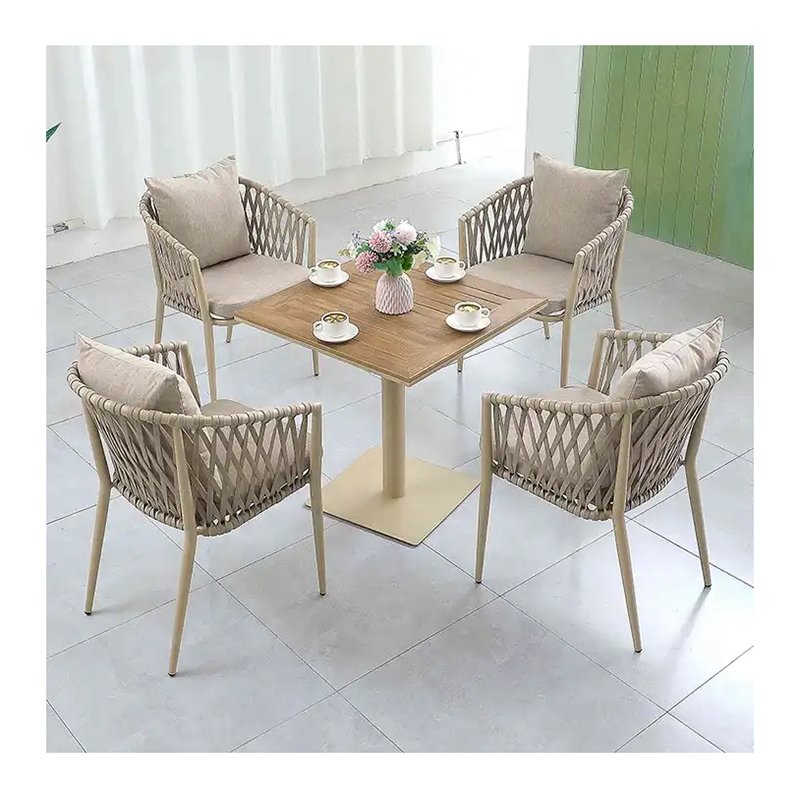 Luxury Modern Patio Cafe 5 Piece Dining Set Furniture Outdoor Garden Aluminum Rope Square Table and 4 Seater Chairs