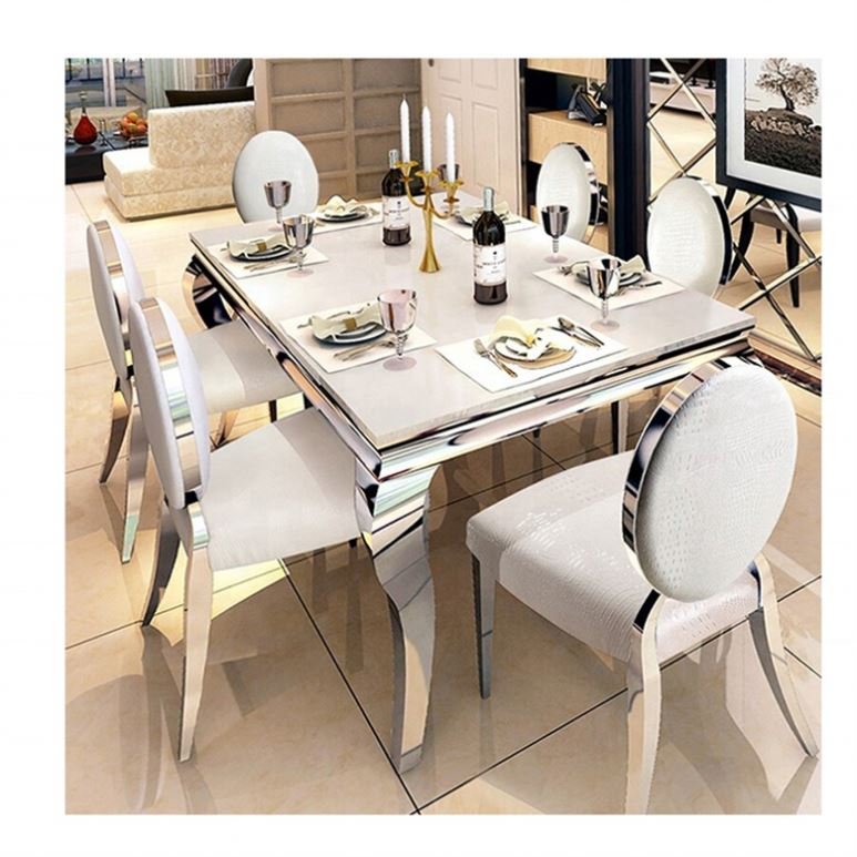 High Quality Luxury Large Silver Stone Dining Table Furniture Sets Marble Dining Room Furniture Modern