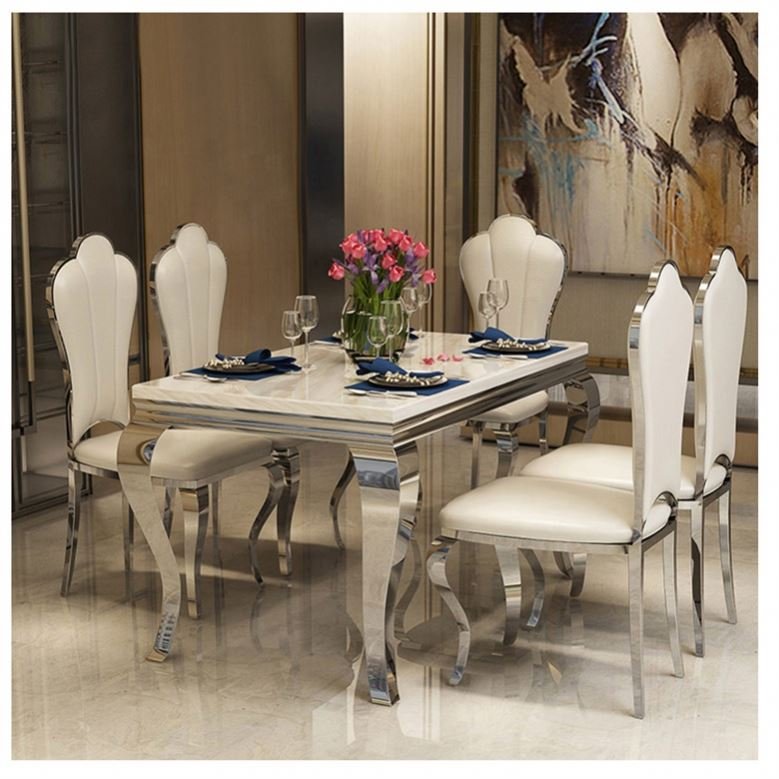 High Quality Luxury Large Silver Stone Dining Table Furniture Sets Marble Dining Room Furniture Modern