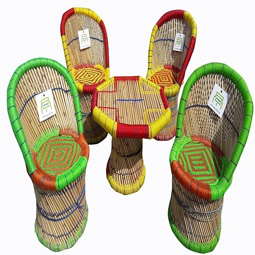 Trending Eco-Friendly Handicraft Multicolor Bamboo Cane Chairs For Kids Indoor Outdoor Durable Chair Set Of 4 Chairs +1 Table