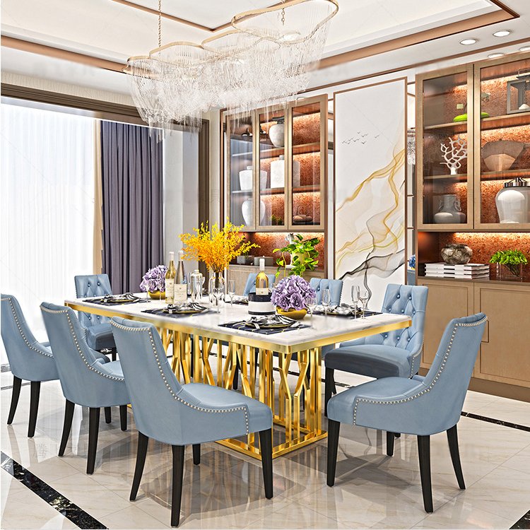 New Designs Modern Gold silver Stainless Steel Dining Table and chair set furniture for home hotel dining room