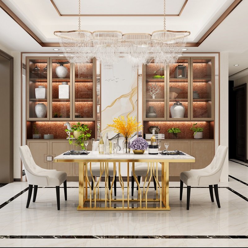 New Designs Modern Gold silver Stainless Steel Dining Table and chair set furniture for home hotel dining room