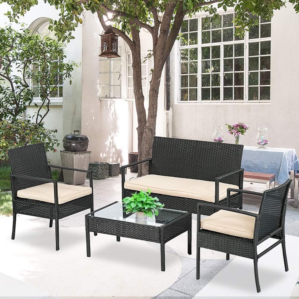 Modern Garden PE Rattan Sofa Set For 4 People Glass Top Dining Tables And Chairs Set For Outdoor