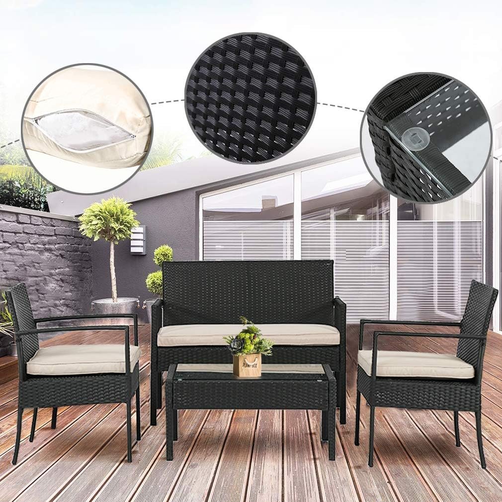 Modern Garden PE Rattan Sofa Set For 4 People Glass Top Dining Tables And Chairs Set For Outdoor