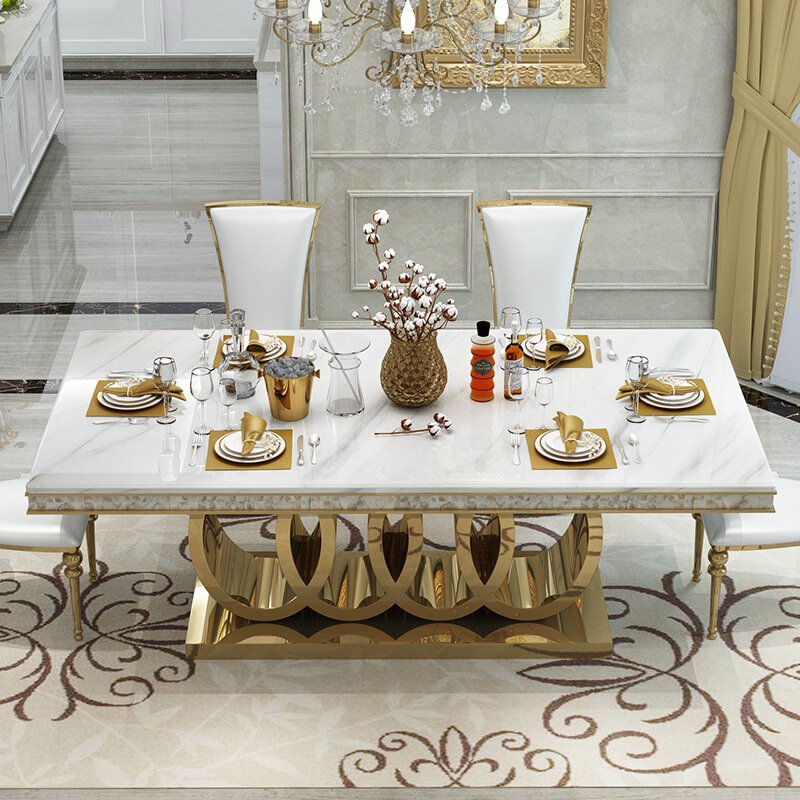 luxury home hotel marble top and stainless steel base gold dining table and chair set furniture