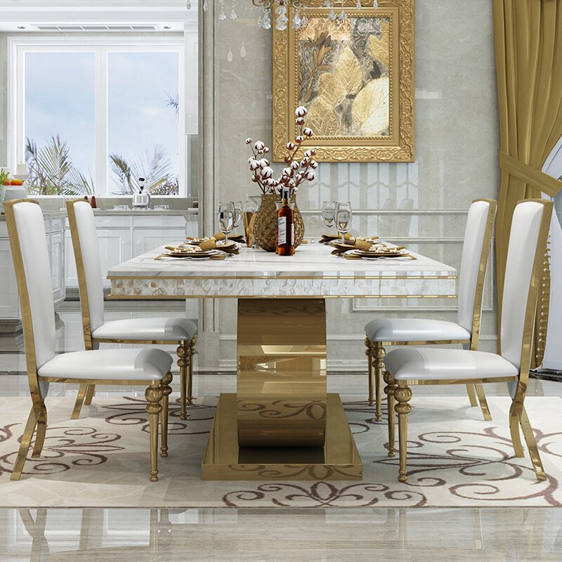 luxury home hotel marble top and stainless steel base gold dining table and chair set furniture