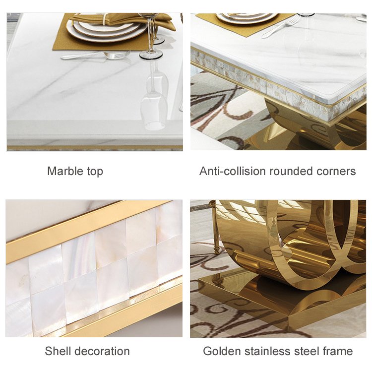 luxury home hotel marble top and stainless steel base gold dining table and chair set furniture