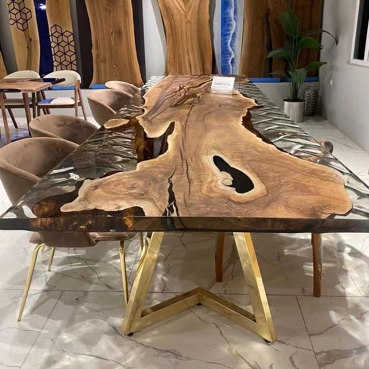 Dining Room Furniture Luxury Solid Walnut Wood Cafe Coffee Kitchen Restaurant River Epoxy Resin Slab Dining Table