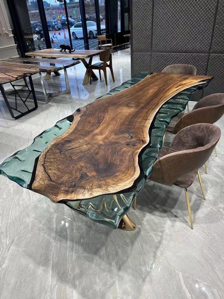 Dining Room Furniture Luxury Solid Walnut Wood Cafe Coffee Kitchen Restaurant River Epoxy Resin Slab Dining Table