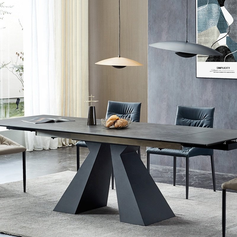 Italian Minimalism Black Powder Coated Painting Two Extension slide panel Marble Colored Ceramic Dining Table Modern