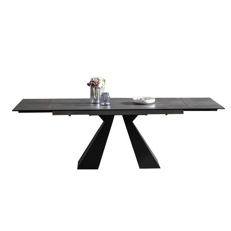 Italian Minimalism Black Powder Coated Painting Two Extension slide panel Marble Colored Ceramic Dining Table Modern