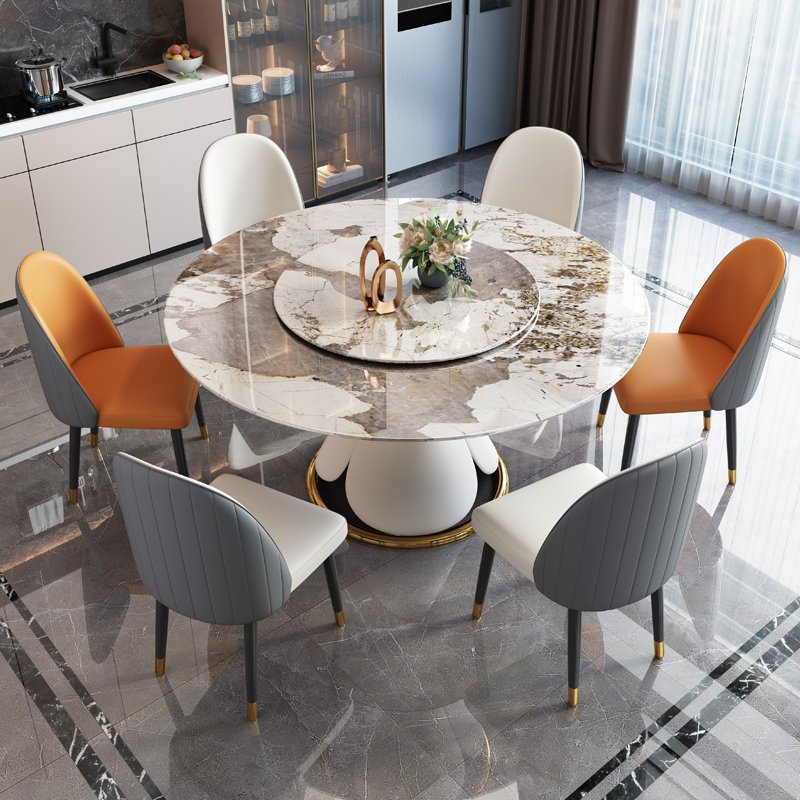 Light Luxury Expandable round Dining Table Set Rock Slab and stainless steel Materials for Home or Restaurant Use