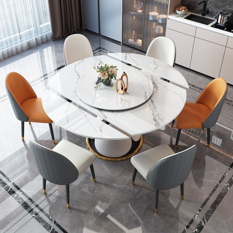 Light Luxury Expandable round Dining Table Set Rock Slab and stainless steel Materials for Home or Restaurant Use