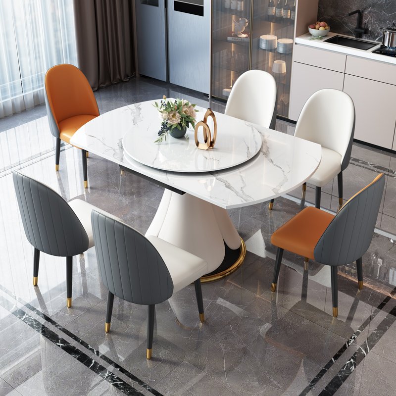 Light Luxury Expandable round Dining Table Set Rock Slab and stainless steel Materials for Home or Restaurant Use