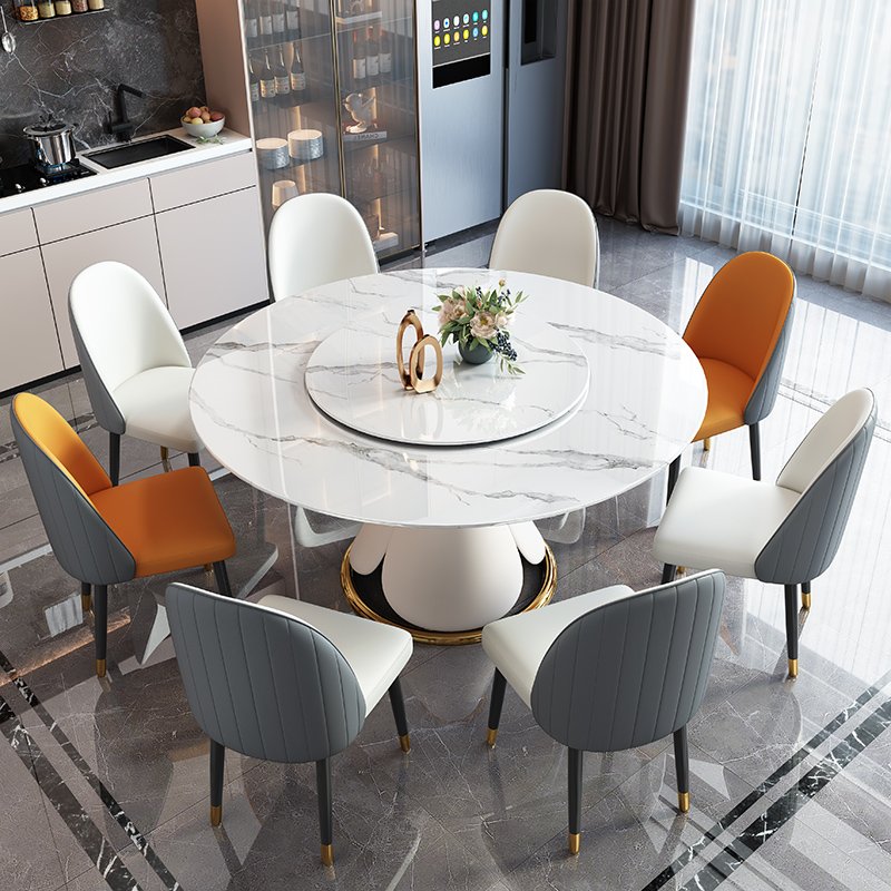 Light Luxury Expandable round Dining Table Set Rock Slab and stainless steel Materials for Home or Restaurant Use