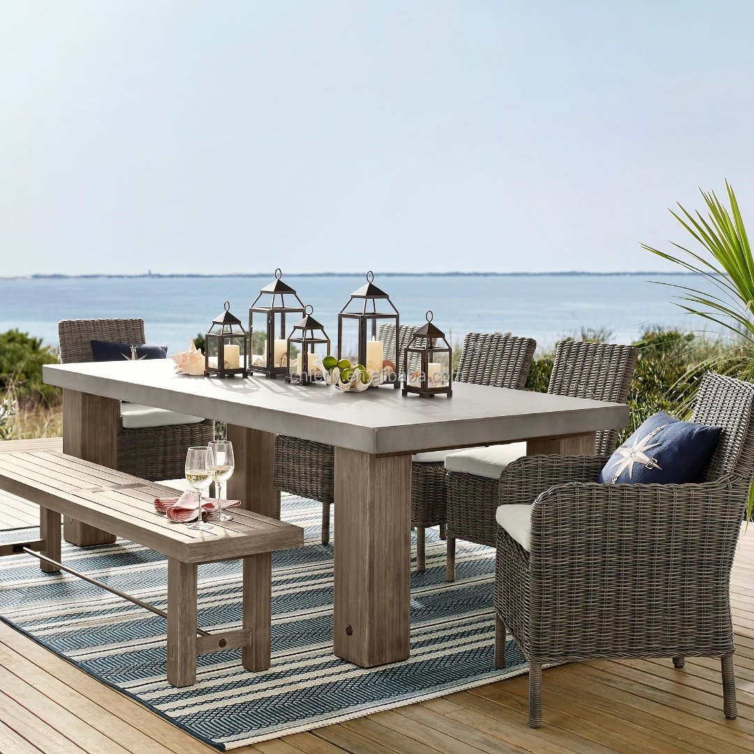 Ferly Modern Backyard Outdoor Patio Furniture Dining Table With Concrete Top Teak Set Wooden Bench Garden Table And Chair Set