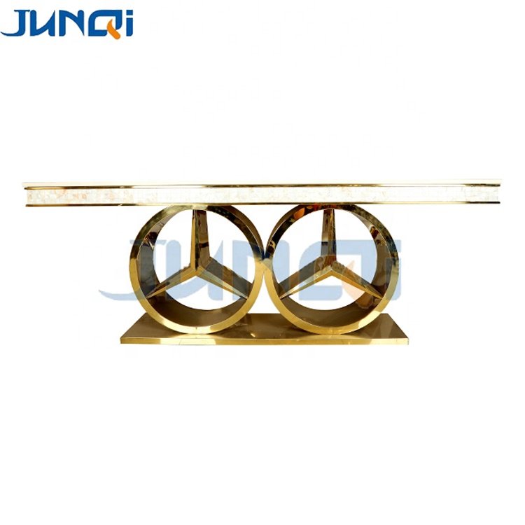 Factory price luxury gold or silver dining table set stainless steel base marple top 8 seater dining table