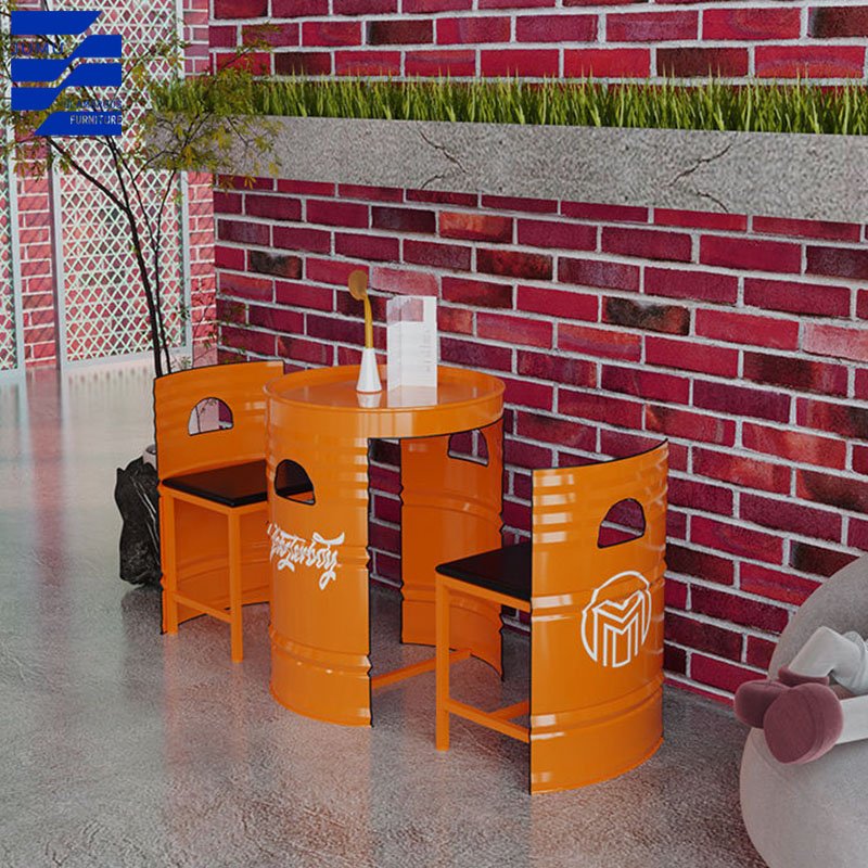 Glamorous Furniture Custom industrial style creative oil drum booth dining table and chair set for bar milk tea shop use