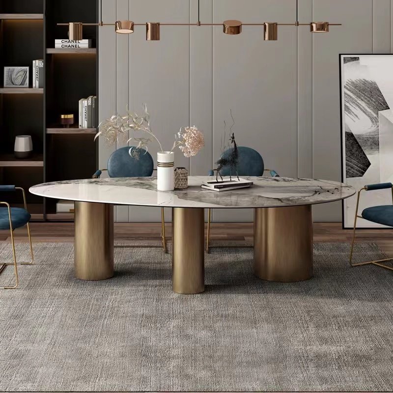 Marble top dining tables light luxury high sense oval metal dining table modern villa Italian style dining table set