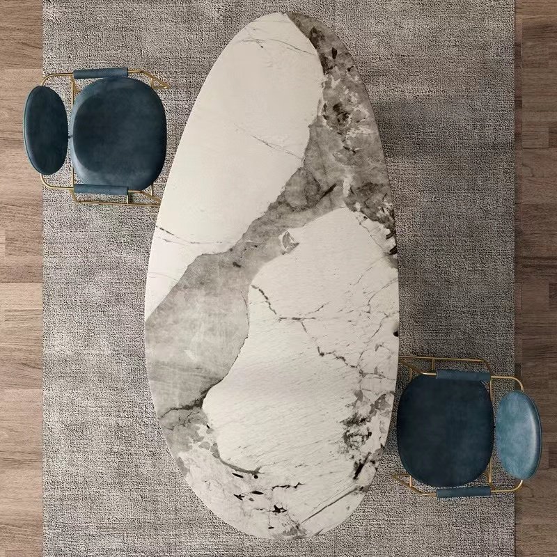 Marble top dining tables light luxury high sense oval metal dining table modern villa Italian style dining table set