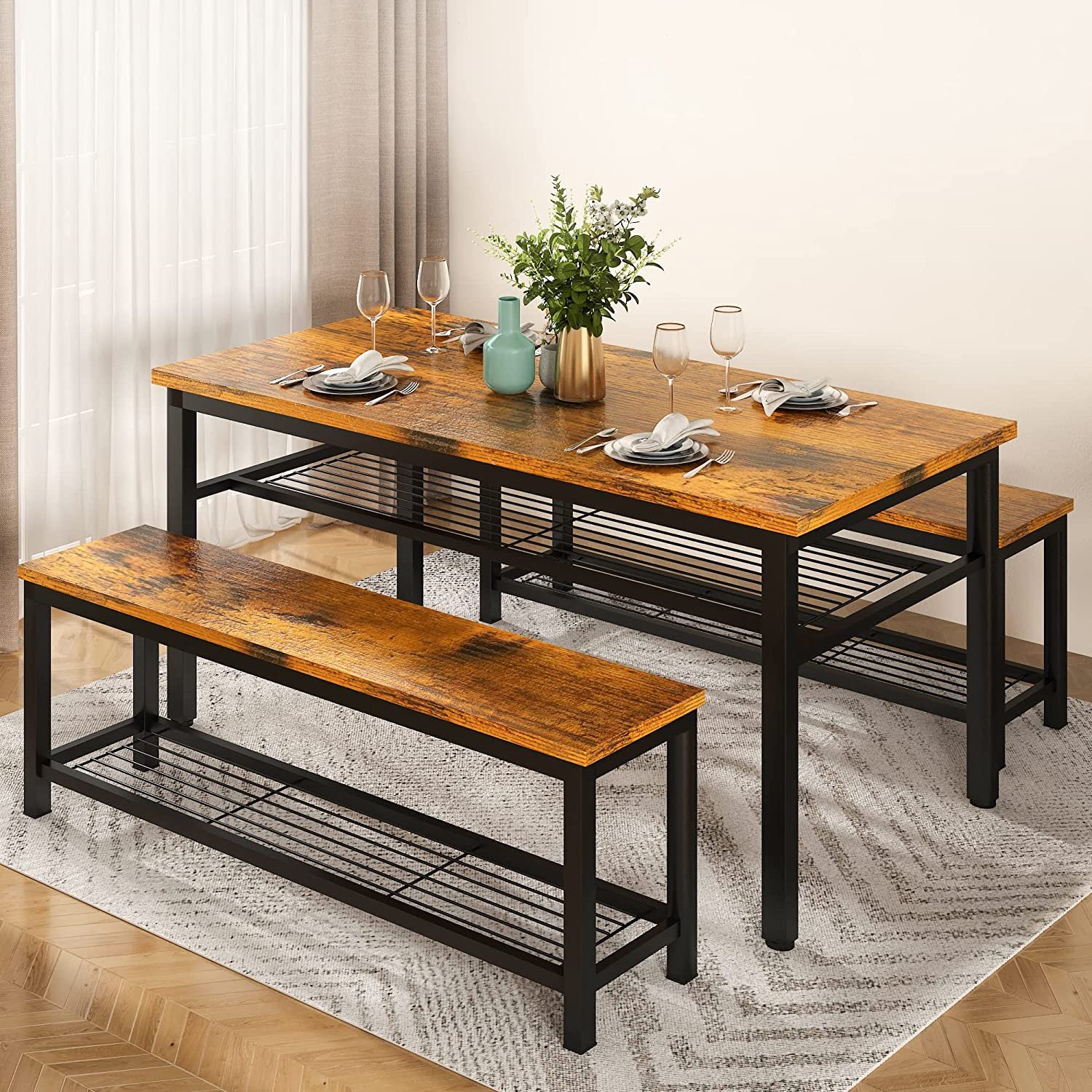Modern 47.2" Dining Table with 2 Benches Set, with Metal Frame & Storage Rack for Kitchen, Restaurant, Rustic Brown