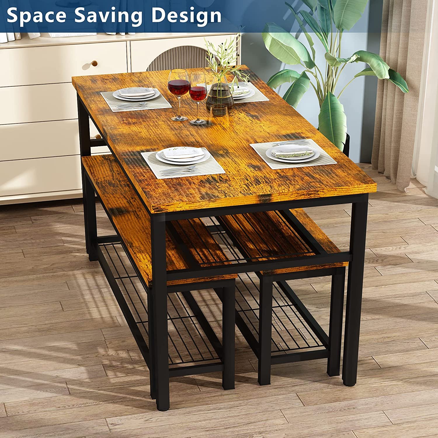 Modern 47.2" Dining Table with 2 Benches Set, with Metal Frame & Storage Rack for Kitchen, Restaurant, Rustic Brown