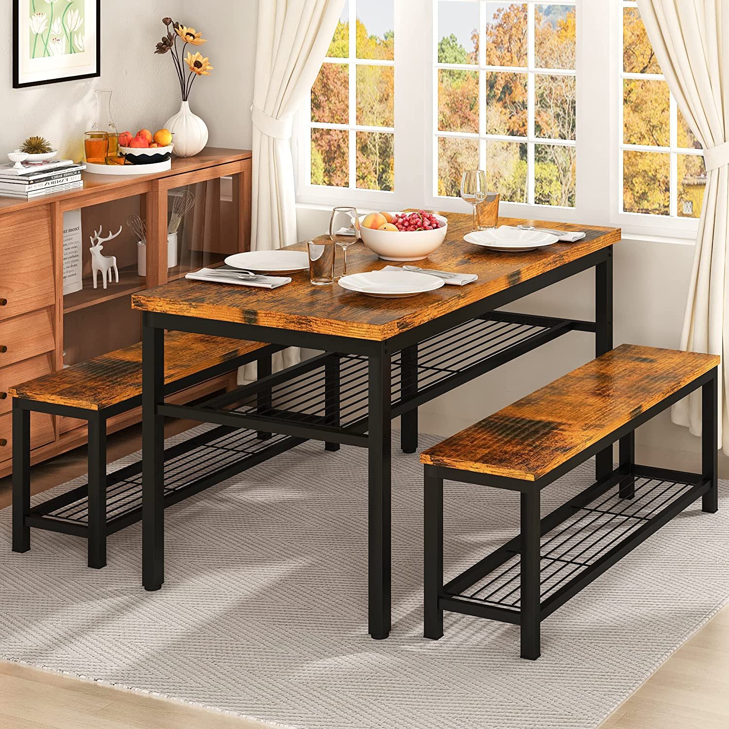 Modern 47.2" Dining Table with 2 Benches Set, with Metal Frame & Storage Rack for Kitchen, Restaurant, Rustic Brown