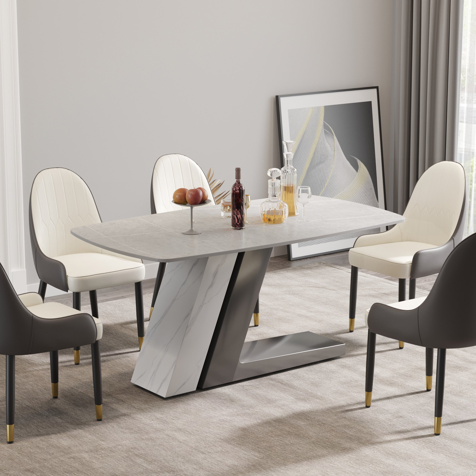 Modern Matte White Dining Table Sintered Stone Rectangle Dining Table Carbon Steel Pedestal