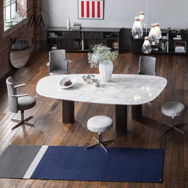 Home luxury wooden rectangular white natural marble big Dining table chairs set furniture modern table 8 10 seater workbench