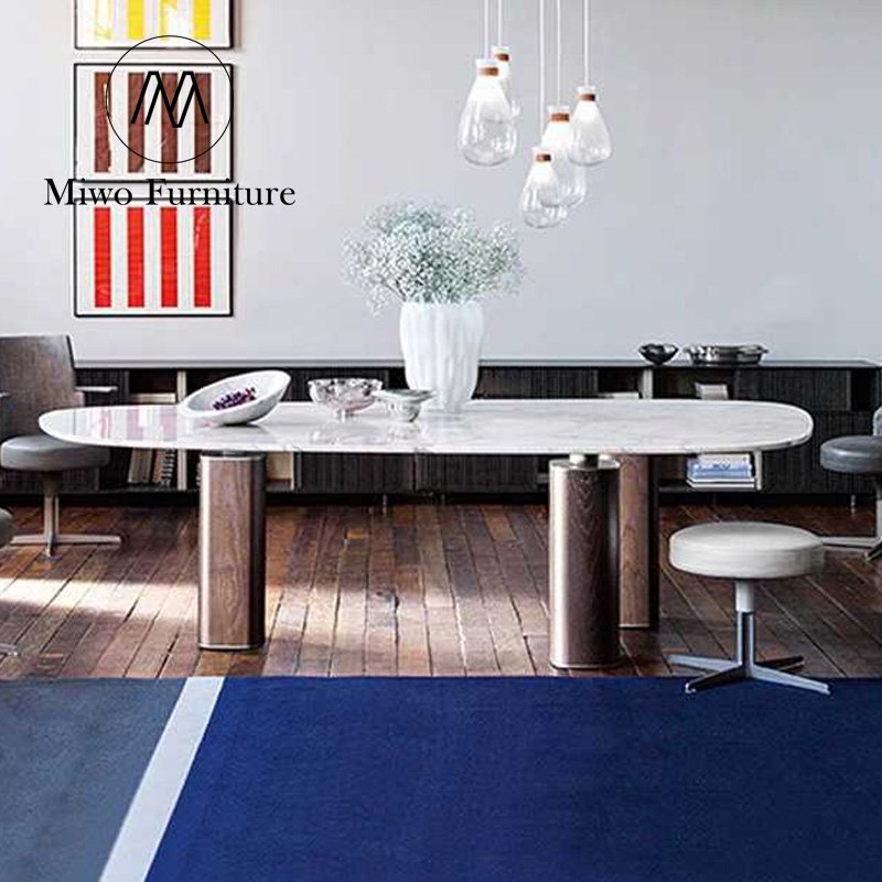 Home luxury wooden rectangular white natural marble big Dining table chairs set furniture modern table 8 10 seater workbench