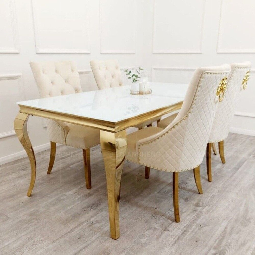 Modern home furniture dinner sets dining room table 6 chairs silver stainless steel black glass dining table
