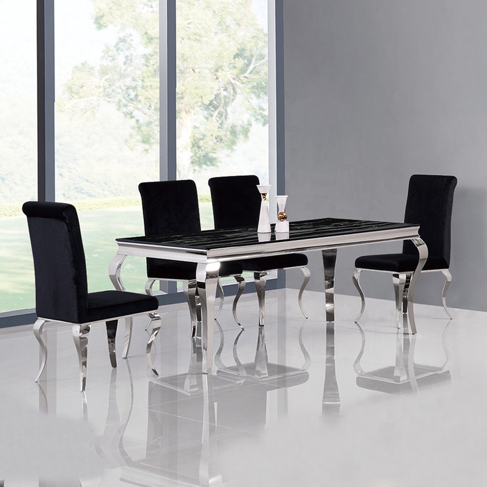 Modern home furniture dinner sets dining room table 6 chairs silver stainless steel black glass dining table