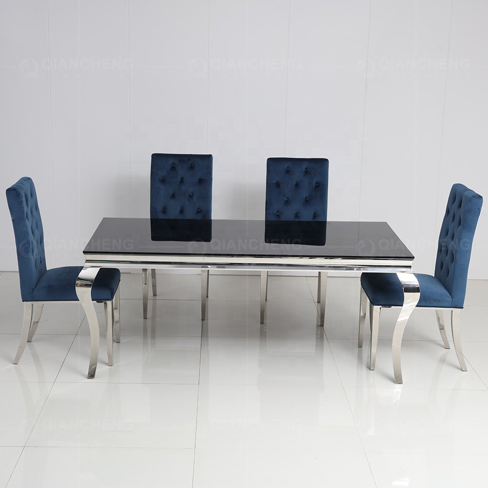 Modern home furniture dinner sets dining room table 6 chairs silver stainless steel black glass dining table